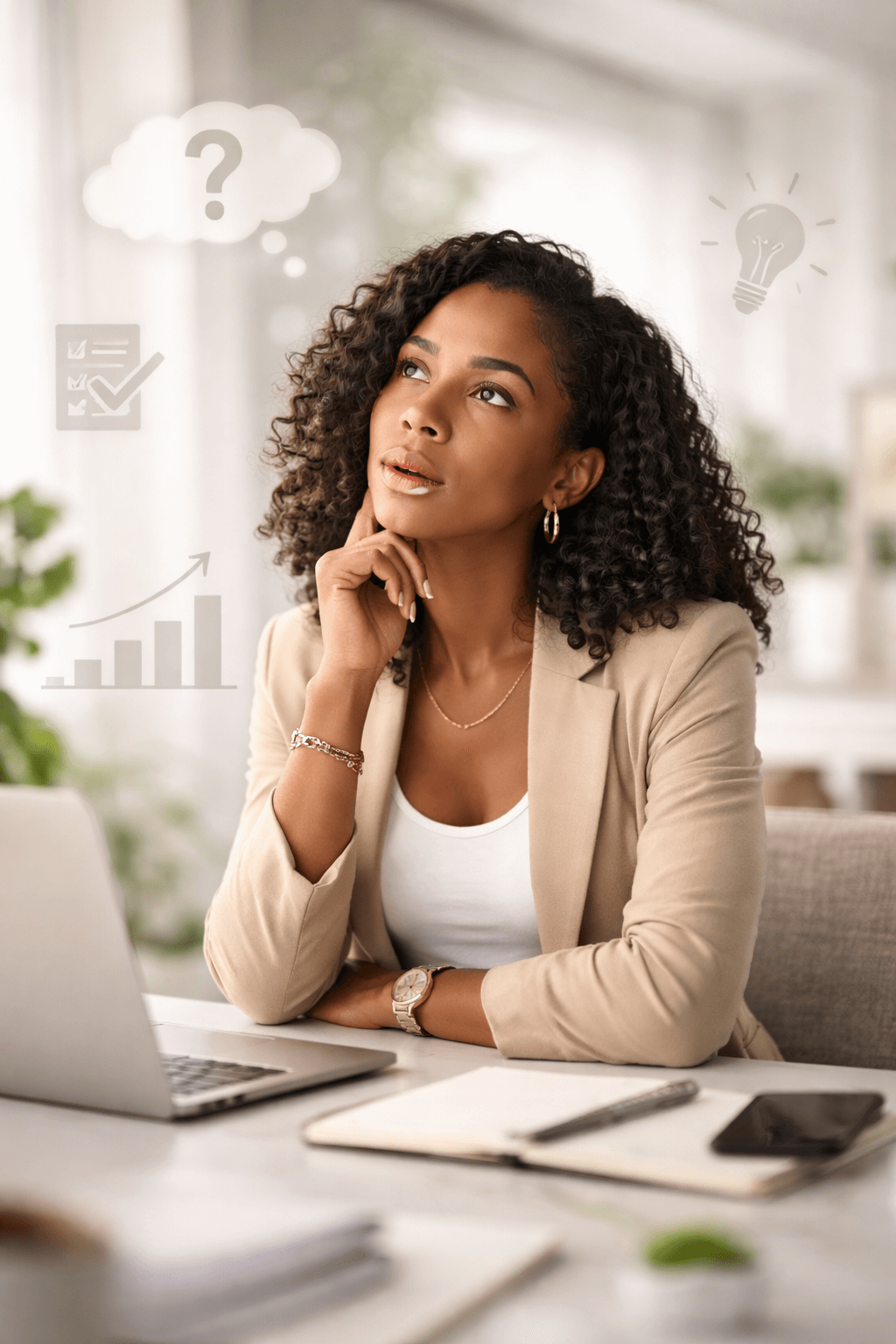 Photo of black woman thinking what social media management plan to choose from 658 Designz in Jamaica